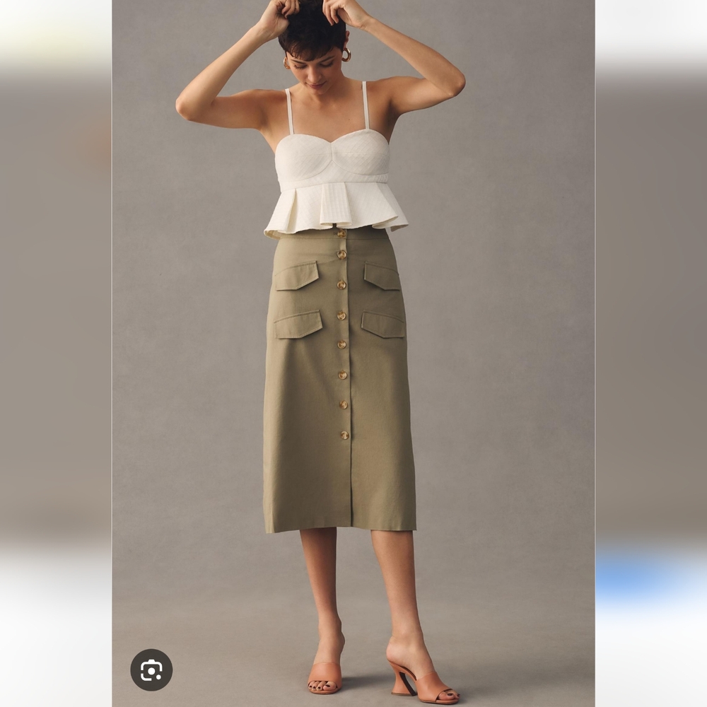 Anthropologie X Mare Mare Buttondown Utility Green Midi Pencil Skirt